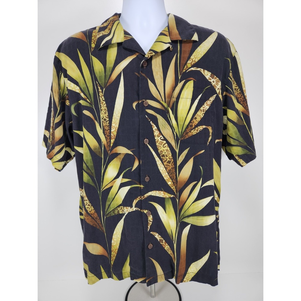 Tommy Bahama Men M Pure Silk Black Green‎ Floral Collar Loop Hawaiian Camp Shirt